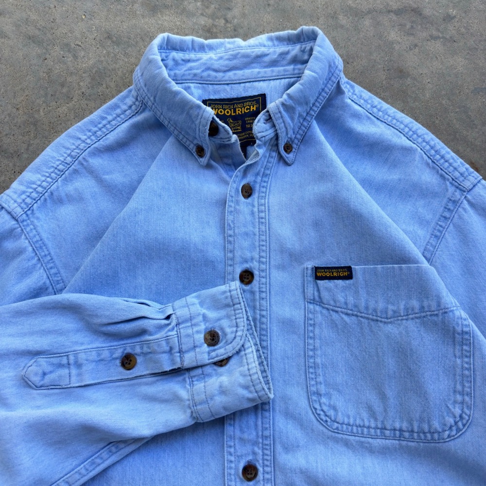 Vintage 90s Woolrich Denim Button Up Workwear Gorpcore Light Blue Large (g2a)